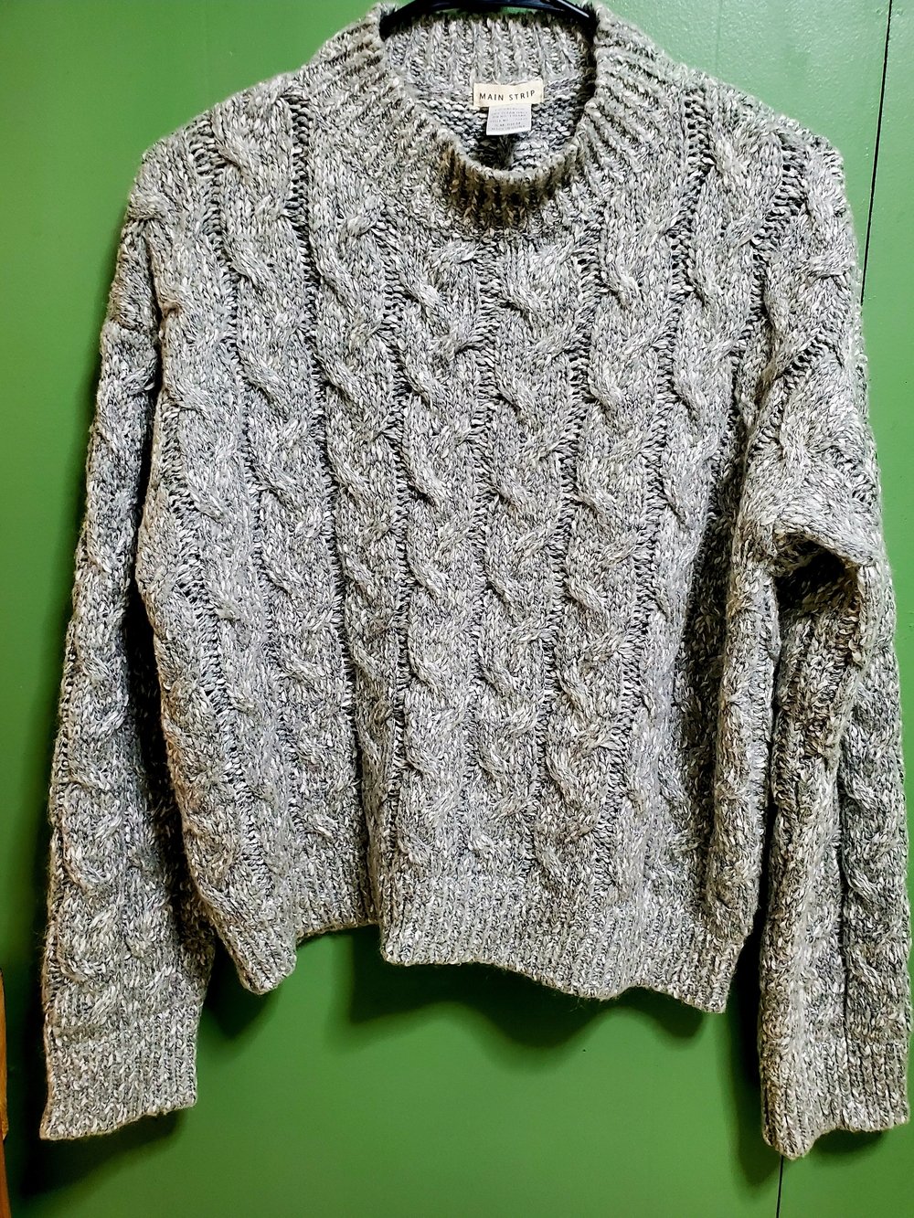 Main Strip Marled Gray Cable Knit Crewneck Sweater
